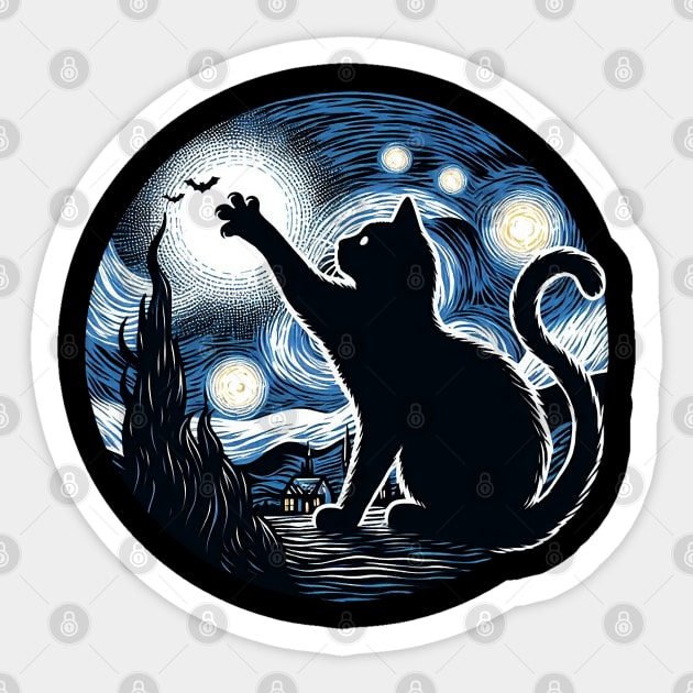 Van Gogh's Cats, Cat in the nigth with star and bats, impressionism, famous painting, Starry Night Style Van Gogh painting Cat Lover Sticker by Collagedream